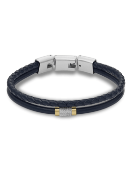 Mørkeblåt armbånd med flettet og glat design, sølv- og gulddetaljer, magnetisk lås.