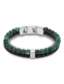 Fossil armbånd med grønne perler, flettet læder og metalspænde som lukning.