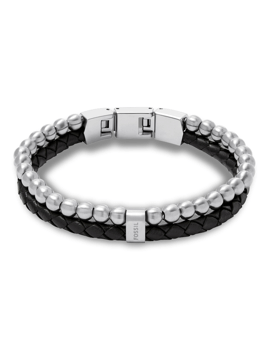 Fossil stål armbånd med glatte metalperler og flettet læder, unisex design.