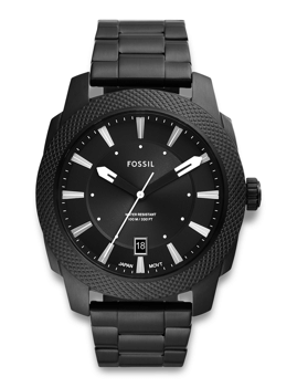 Sort Fossil ur med sølvfarvede timemarkører og datovisning ved kl. 6.