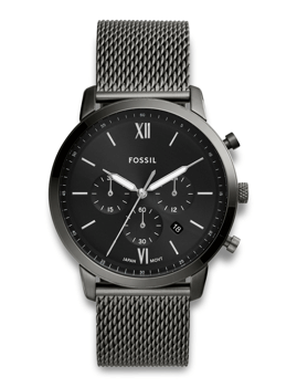 Sort urskive m/hvide detaljer, tre små tællere, sort mesh-rem. Fossil Neutra Quartz herreur.