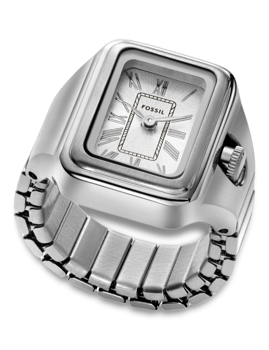 Fossil Raquel ur med kvadratisk urskive, romerske tal og sølvfarvet metalarmbånd i kædestil.
