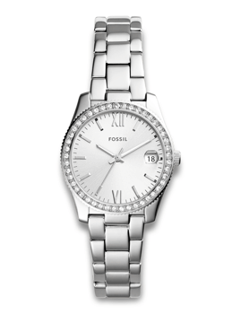 Fossil Scarlette Quartz ur med sølvkasse, romertal og datofunktion ved kl. 3, sølv armbånd.