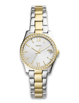 Fossil Scarlette Quartz ur med sølv- og guldfarvet lænke, romertal og datovisning på urskiven.