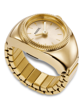 Fossil ur-ring i guld med rund urskive og minimalistiske timemarkører, set fra siden.