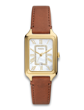 Fossil ES5307 ur med guld-tone kasse, romertal og brun læderrem.
