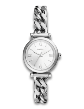 Fossil Carlie Quartz ur med kæde-link rem og sølv urskive med romerske tal.