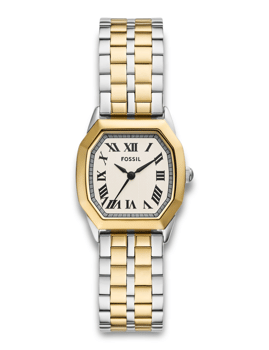 Fossil Harlow dameur med octagonal urskive, romerske tal og sølv-guld lænke.