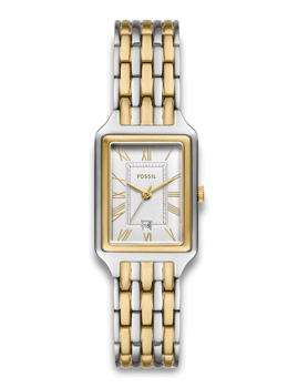 Rektangulært Fossil ur med romertal og to-tone armbånd i guld og sølv.