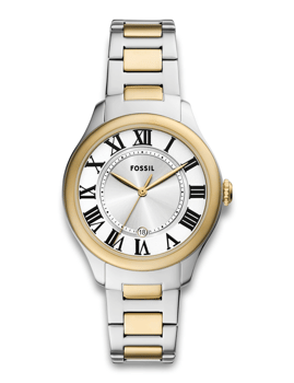 Fossil Gilmore Quartz dameur med sølv urskive, guld ramme og sølv-guld lænke. Dato ved kl. 6.