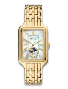 Fossil Raquel guldur med romerske tal og dekorativ urskive, elegant og stilfuldt design.