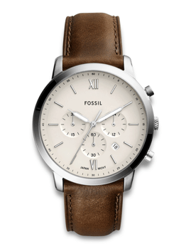 Fossil Neutra herreur med lys urskive, romertal, subdials og brun læderrem.