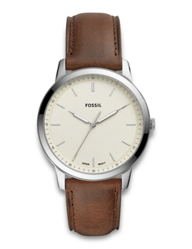 Fossil ur med lys urskive, sølv urkapsel og brun læderrem. Minimalistisk design.