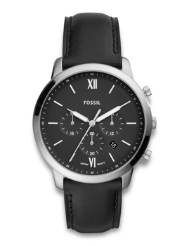 Fossil Neutra Quartz ur FS5452 med sort urskive, romertal og læderrem. Knapper på siden.