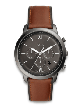Fossil Neutra Quartz ur FS5512 med mørkegrå urskive, kronograf subskiver og brun læderrem.