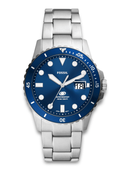 Fossil ur FS6029 med blå urskive, datovisning kl. 3 og rustfrit stål urkæde.