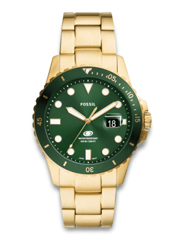 Fossil ur FS6030 med grøn urskive, hvide markeringer, datovisning kl. 3 og guldfarvet lænke.