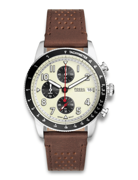 Fossil ur med creme urskive, tachymeter, og brun læderrem. Mærket "FOSSIL" ses tydeligt.