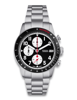 Fossil Sport Tourer ur med sort skive, chronograph sub-dials, tachymeter og datovisning.