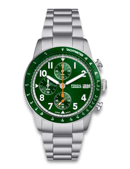 Fossil Sport Tourer ur med grøn urskive, chronograf, rustfri stålrem og tachymeter-skala.