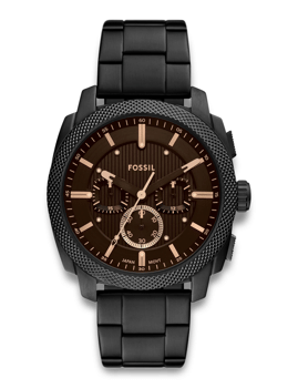 Fossil herreur med sort metalrem, mørkebrun skive, rosagulddetaljer, sub-dials og tekstureret bezel.