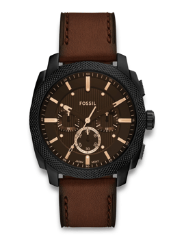 Fossil ur FS6101 med brun skive, rosaguld accenter, chronograph funktion og brun læderrem.