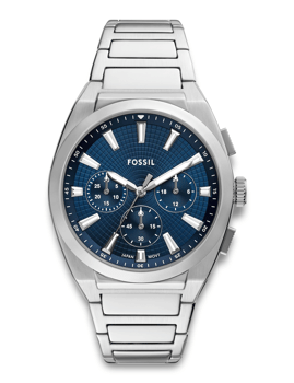 Fossil Everett Quartz ur med blå urskive og rustfri stålrem, detaljeret urskive med flere små skiver.