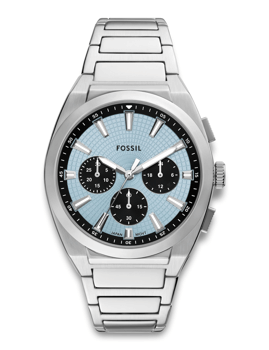 Fossil Everett Quartz herreur med blå urtavle, flere chronograph-skiver og stålrem.