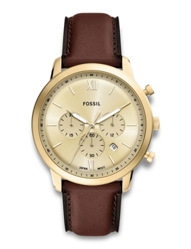 Fossil Neutra Quartz ur med gylden kasse, brun læderrem, detaljeret urskive.