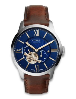 Fossil Townsman ur med blå urskive, romertal og brun læderrem. Automatisk mekanisme synlig.
