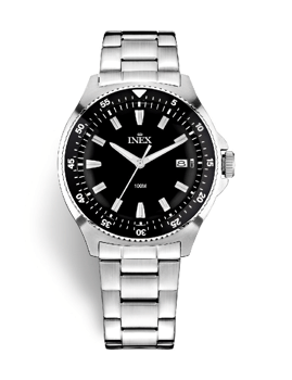 A69530-1S5I, INEX [IS086] HERRE STÅL 10ATM M DATO LÆNKE SORT BEZEL Quartz Herre m/lænke