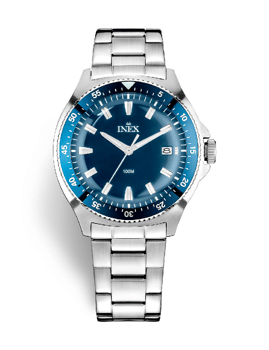 A69530-1S8I, INEX [IS087] HERRE STÅL 10ATM M DATO LÆNKE BLÅ BEZEL Quartz Herre m/lænke