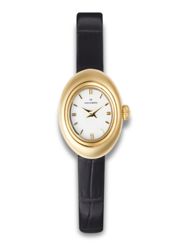 Elegant ur med guld oval urkasse, sort læderrem og hvid urskive med minimalistiske markeringer.