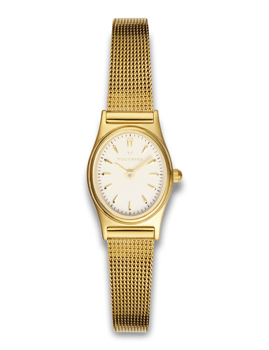 Armbåndsur i guld med rund urskive, mesh-lænke og "MOCKBERG" logo på skiven.