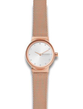 Skagen Freja dameur med rosaguld mesh-lænke, hvid urskive, glitrende markeringer, SKAGEN tekst.