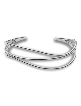 Armbånd med glat, skinnende overflade, bølget design, åbne ender og "SKAGEN" på den ene ende.
