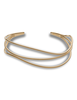 Skagen armbånd med tre gyldne bånd, åben cuff-design og indgraveret "SKAGEN" på siden.