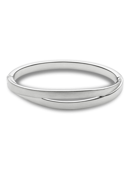 Armbånd med glat, skinnende overflade og bølgende design i moderne, strømlinet form.