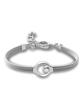Armbånd med netbånd og cirkulært midtpunkt med sten, slankt og moderne design.
