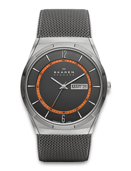 Skagen ur SKW6007 med sort urskive, orange detaljer, dato "MAR 25", og lænke.