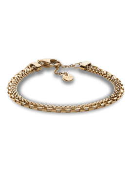 Armbånd med dobbeltlagsdesign i gylden tone, blandede kæder og lille vedhæng.