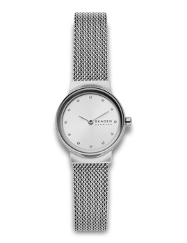 Rundt Skagen dameur med sølv meshrem, minimalistisk urskive og teksten "SKAGEN DENMARK".