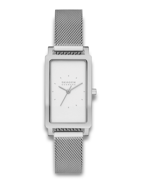 Skagen Hagen Lille Quartz dameur med rektangulær urskive og metal mesh-lænke i minimalistisk design.