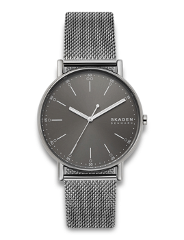 Skagen ur SKW6577 med grå urskive, minimalistisk design, tydelige visere og mesh-lænke.