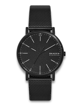 SKAGEN ur SKW6579 med sort urskive, hvide visere, metalnetrem, minimalistisk design, SKAGEN logo.