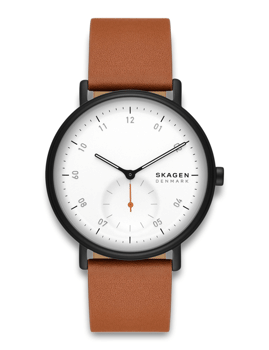 Minimalistisk herreur med hvid urskive, sorte timemarkører, brun læderrem og orange sekundviser.
