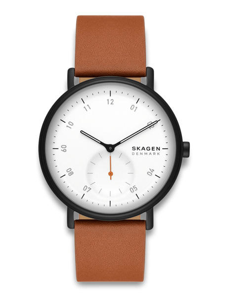 Minimalistisk herreur med hvid urskive, sorte timemarkører, brun læderrem og orange sekundviser.