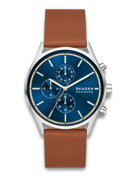 Ur med blå skive, tre chronograph-underure, sølvkasse og brun læderrem, "SKAGEN DENMARK".
