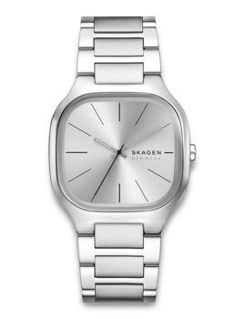 Skagen herreur med firkantet sølvskive, metalarmbånd og tydelige timemarkeringer.