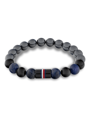 Armbånd med sorte og blå perler, midterstykke med røde, hvide og blå striber.